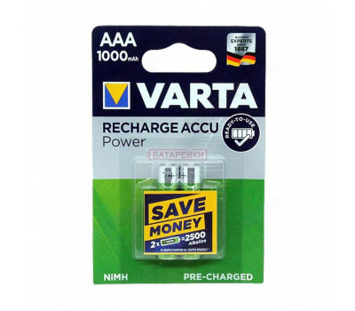 Аккумулятор VARTA RECHARGE ACCU Power HR03 NiMH 1000 mAh BL-2